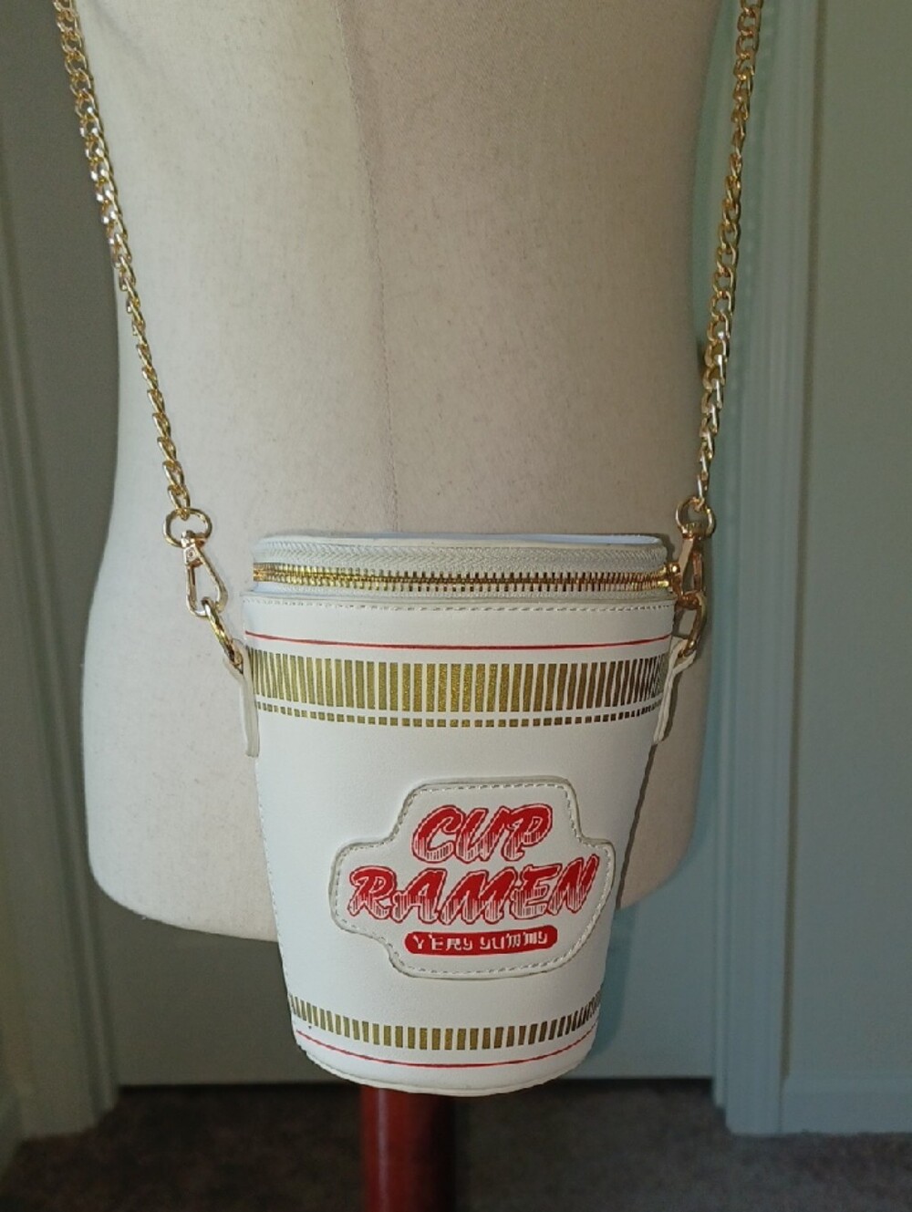Cup Ramen Novelty Crossbody Bag - White with Red & Gold Accents OS